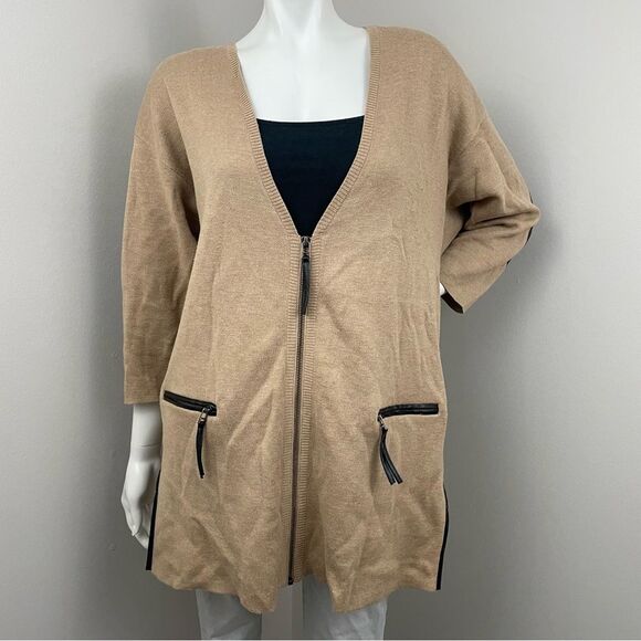NORDSTROM Camel Tan & Brown Leather Trim Elbow Patch Cardigan Sweater - Picture 1 of 9
